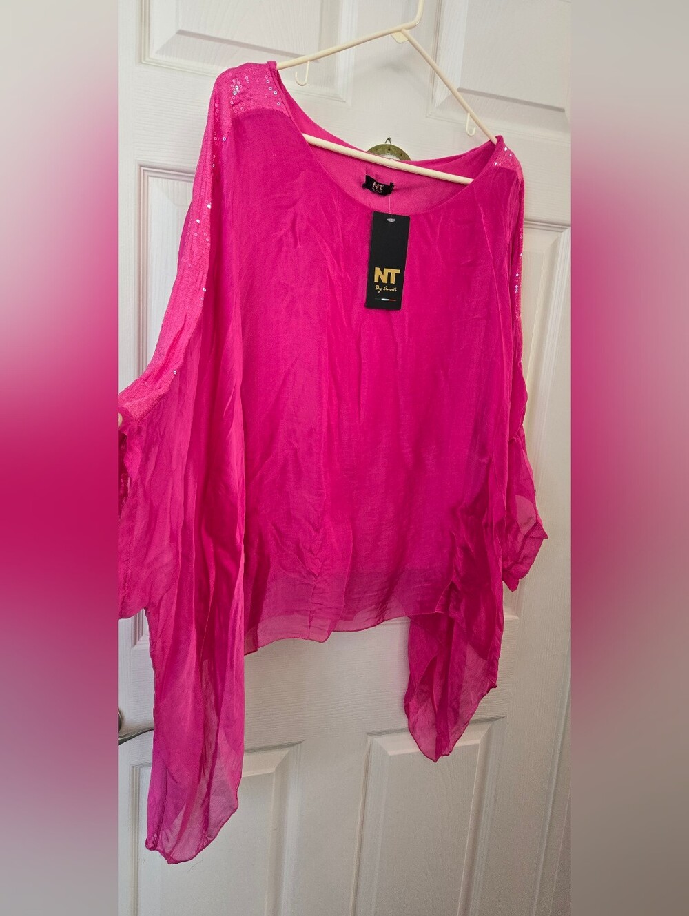 Fuchsia Sheer Sequin-Sleeve Tunic Top